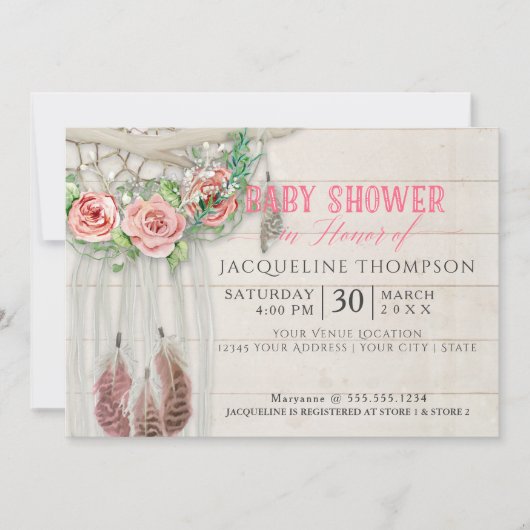 ベビーシャワーガールBOHOドリームキャッチャーしっぷウッド 招待状 (正面)