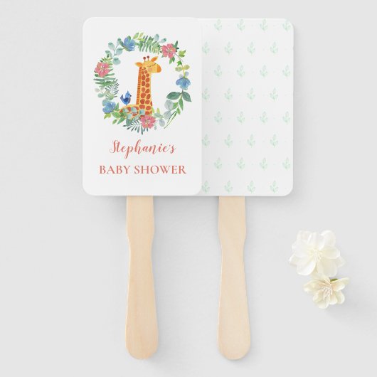 ベビーシャワーキリンフローラパーソナライズされたリース ハンドファン (正面&裏面)