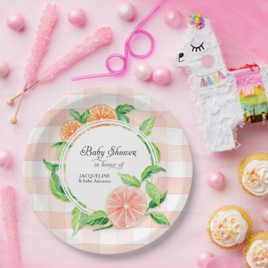 ベビーシャワーギンガムファームピンクストライプシトラスオレンジ ペーパープレート (パーティー)