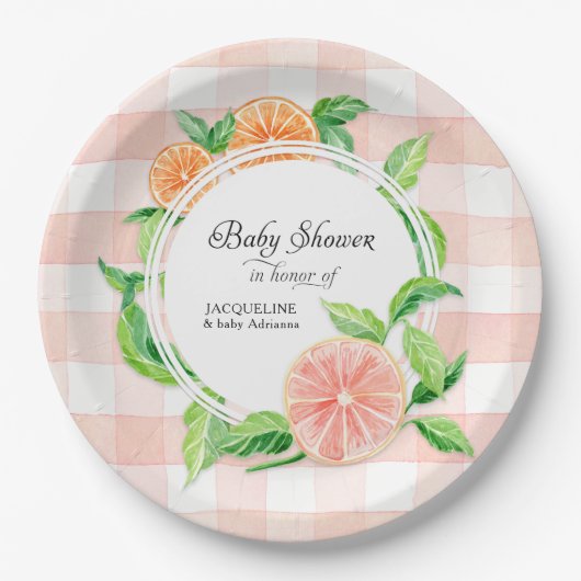 ベビーシャワーギンガムファームピンクストライプシトラスオレンジ ペーパープレート (正面)