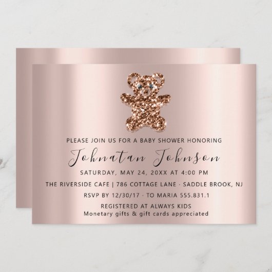 ベビーシャワーグリッターバラスイートベアーボーイガールインバート 招待状 (正面/裏面)