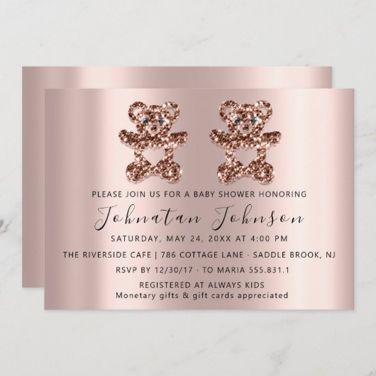 ベビーシャワーグリッターバラツインズベアーボーイガール 招待状 (正面/裏面)