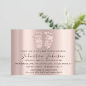 ベビーシャワーグリッターバラ赤面足グレーボーイガール 招待状 (スタンド正面)