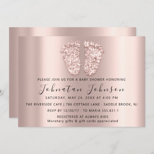 ベビーシャワーグリッターバラ赤面足グレーボーイガール 招待状 (正面/裏面)