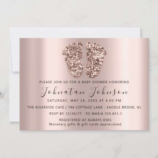 ベビーシャワーグリッターバラ金ゴールド足グレーボーイガール 招待状 (正面)