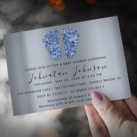 ベビーシャワーグリッターブルー足グレーボーイガール 招待状