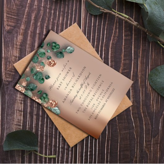 ベビーシャワーグリッター足バラグリッターユーカリ 招待状