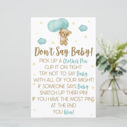 ベビーシャワーゲームを言わないテディベアーブルーバルーン (スタンド正面)