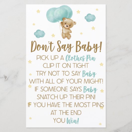 ベビーシャワーゲームを言わないテディベアーブルーバルーン (正面)