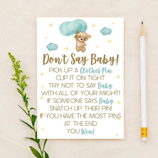 ベビーシャワーゲームを言わないテディベアーブルーバルーン