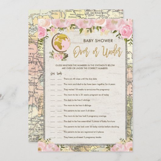 ベビーシャワーゲームカードの上または下のヴィンテージ旅行 招待状 (正面/裏面)