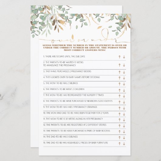 ベビーシャワーゲームカードの上または下 (正面/裏面)