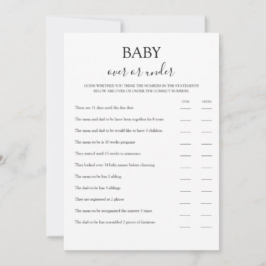 ベビーシャワーゲームカードの上または下 招待状 (正面)