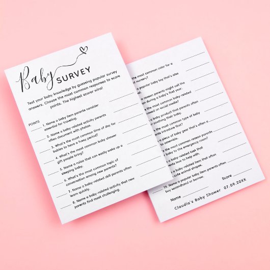 ベビーシャワーゲームトリビア調査カード 招待状