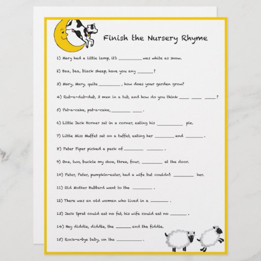 ベビーシャワーゲーム – 子供部屋韻を終える (正面/裏面)