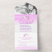 ベビーシャワーコウノトリ、水彩ピンクの写真 オールインワン招待状 (内側)