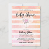 ベビーシャワーコーラルピーチストライプのフラミンゴ 招待状 (正面)