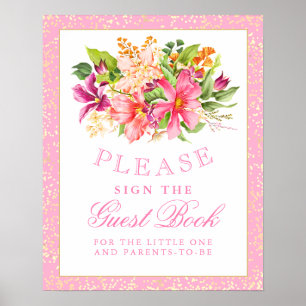 ベビーシャワーサインGuest Book Flowers Boquet Pink ポスター
