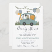 ベビーシャワーサファリアニマルズブルーボーイでドライブ 招待状 (正面/裏面)