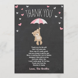 ベビーシャワーサンキューカードテディベアピンクカブ サンキューカード