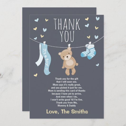 ベビーシャワーサンキューカードテディベアブルー サンキューカード (正面/裏面)