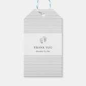ベビーシャワーサンキューラベル |フットプリントのグレーのストライプ ギフトタグ (正面)