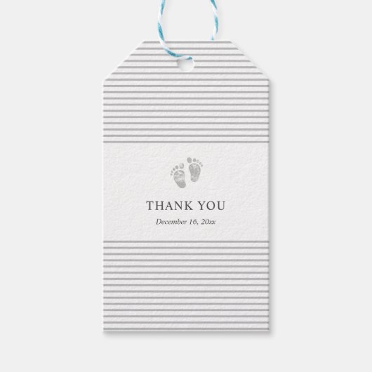 ベビーシャワーサンキューラベル |フットプリントのグレーのストライプ ギフトタグ (正面)