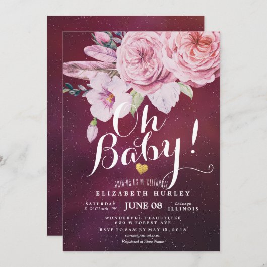 ベビーシャワーシックBohoフローラフェザーバーガンディーレッド 招待状 (正面/裏面)