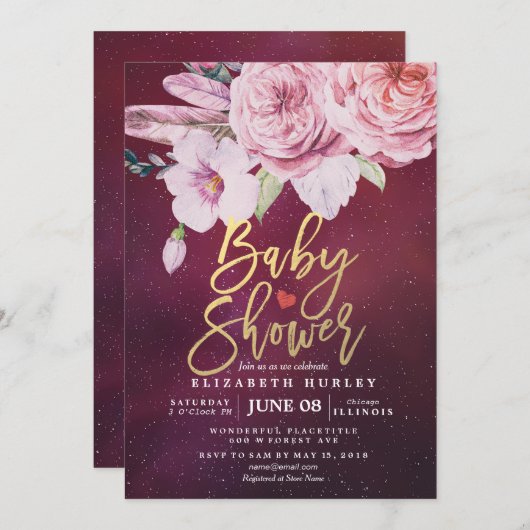 ベビーシャワーシックBohoフローラフェザーバーガンディーレッド 招待状 (正面/裏面)