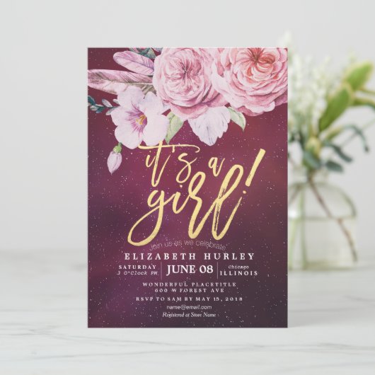 ベビーシャワーシックBohoフローラフェザーバーガンディーレッド 招待状 (スタンド正面)