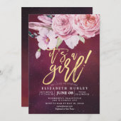 ベビーシャワーシックBohoフローラフェザーバーガンディーレッド 招待状 (正面/裏面)