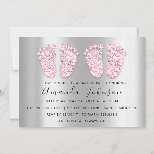 ベビーシャワーシルバーグレーピンク足ツインズガールズ 招待状 (正面)