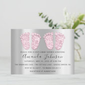 ベビーシャワーシルバーグレーピンク足ツインズガールズ 招待状 (スタンド正面)