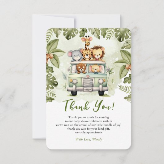 ベビーシャワージャングルサファリ動物の車 サンキューカード (正面)