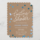 ベビーシャワースクリプトクラフト紙ブルー紙吹雪 招待状 (正面/裏面)