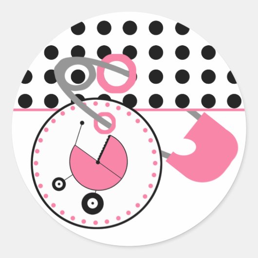 ベビーシャワーステッカー – ポルカドット&ピンクおむつピン ラウンドシール (正面)