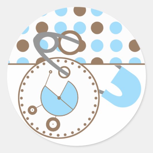 ベビーシャワーステッカー – 青おむつピン水玉模様 ラウンドシール (正面)