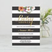 ベビーシャワーストライプ金ゴールドグリッターガールフローラ招待状 招待状 (スタンド正面)