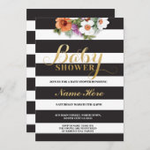 ベビーシャワーストライプ金ゴールドグリッターガールフローラ招待状 招待状 (正面/裏面)