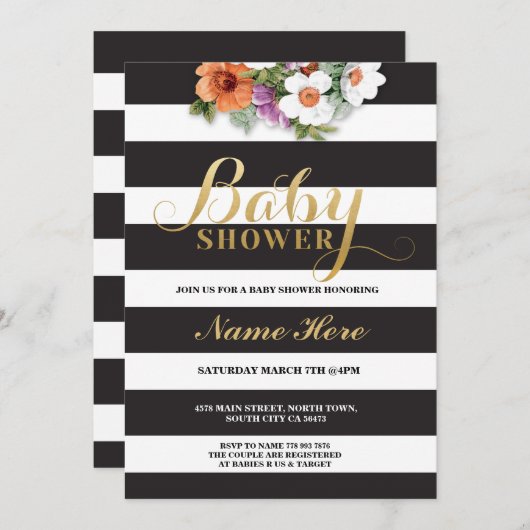 ベビーシャワーストライプ金ゴールドグリッターガールフローラ招待状 招待状 (正面/裏面)