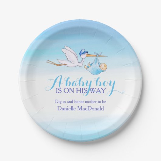 ベビーシャワーストークデリバリー男の赤ちゃんアートプレート ペーパープレート (正面)
