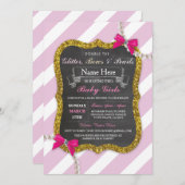 ベビーシャワーツインズピンクストライプグリッターガールズ招待状 招待状 (正面/裏面)