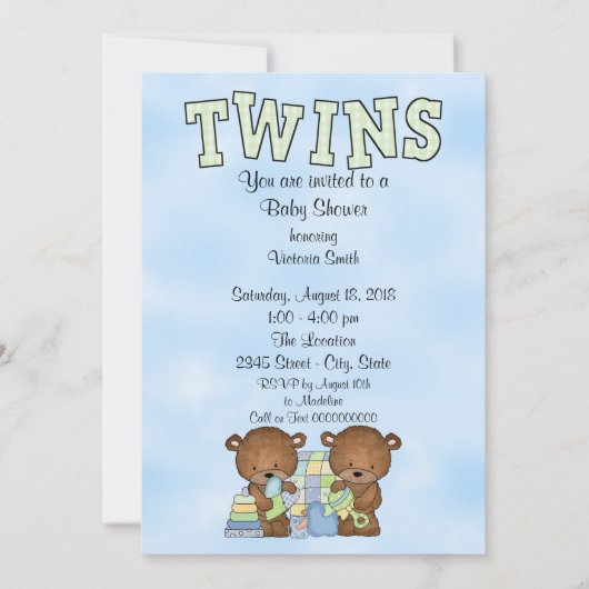 ベビーシャワーツインボーイズテディベア 招待状 (正面)