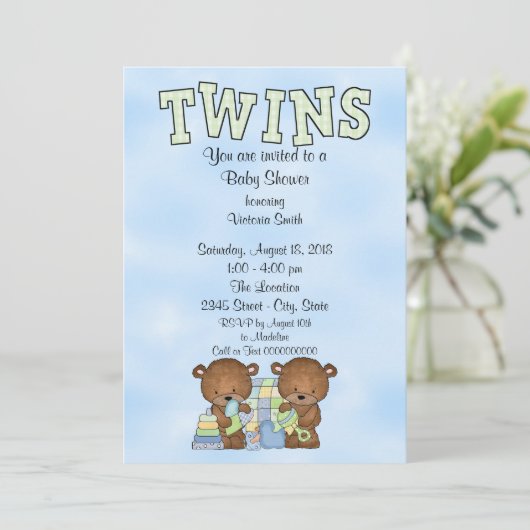 ベビーシャワーツインボーイズテディベア 招待状 (スタンド正面)