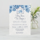 ベビーシャワーティーパーティーネイビーブルーフローラwティーポット 招待状 (スタンド正面)