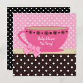 ベビーシャワーティーパーティーピンクとブラウン水玉模様 招待状 (正面/裏面)