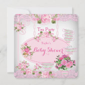 ベビーシャワーティーパーティーヴィンテージレースピンクフローラD 招待状 (正面)
