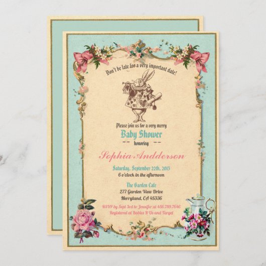 ベビーシャワーティーパーティー飲み込みティール(緑がかった色) 招待状 (正面/裏面)