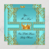 ベビーシャワーティール(緑がかった色)ブルー金ゴールドボーイプリンスクラウン 招待状 (正面/裏面)