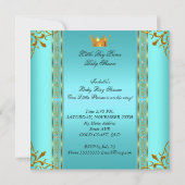 ベビーシャワーティール(緑がかった色)ブルー金ゴールドボーイプリンスクラウン 招待状 (裏面)